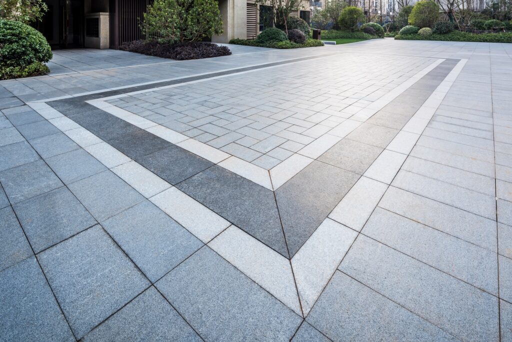 Grey,Marble,Floor,Tiles,On,Garden,Square,In,Residential,Area。sidewalk,